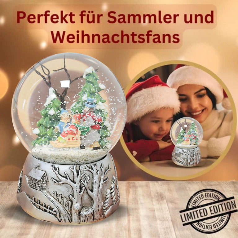 Nostalgische Schneekugel Familienspaziergang Silber Landschaft 100 mm Durchmesser mit Spieluhr