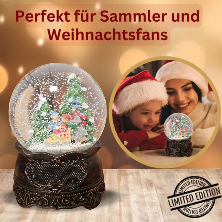 Nostalgische Schneekugel Familienspaziergang auf Ornamentsockel kupfer antik 100 mm Durchmesser mit Spieluhr