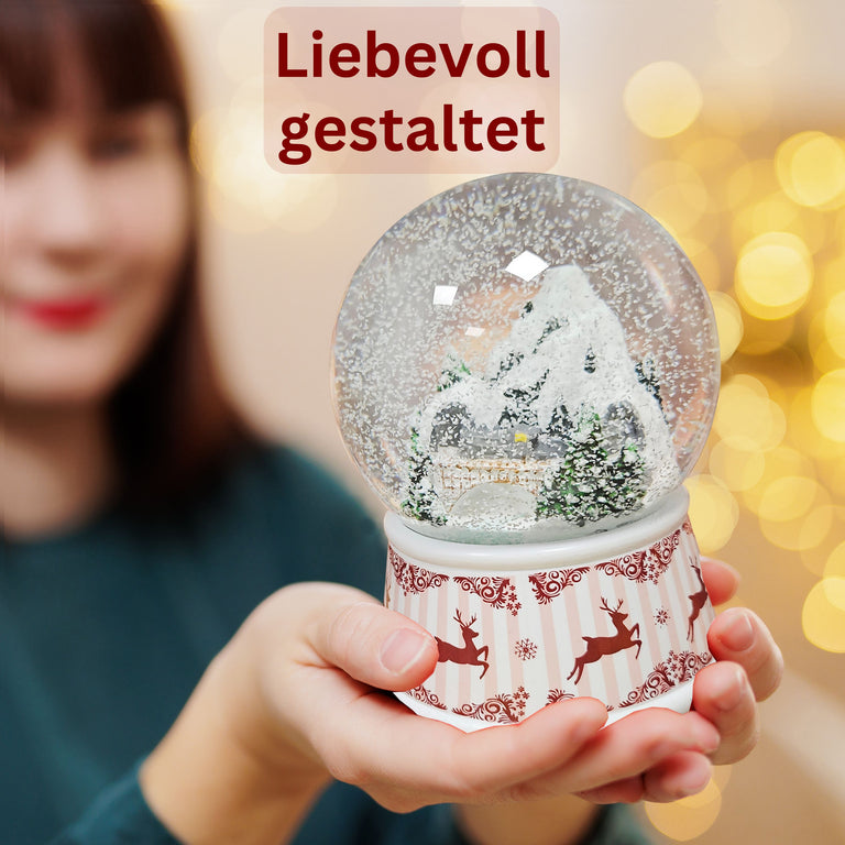 Nostalgische Schneekugel Berglandschaft Brücke Hüttenzauber 100 mm Durchmesser mit Spieluhr
