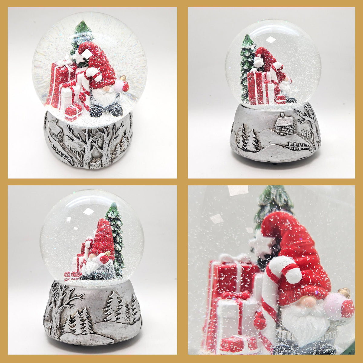 Nostalgische Schneekugel Weihnachtswichtel Silber Landschaft 100 mm Durchmesser mit Spieluhr
