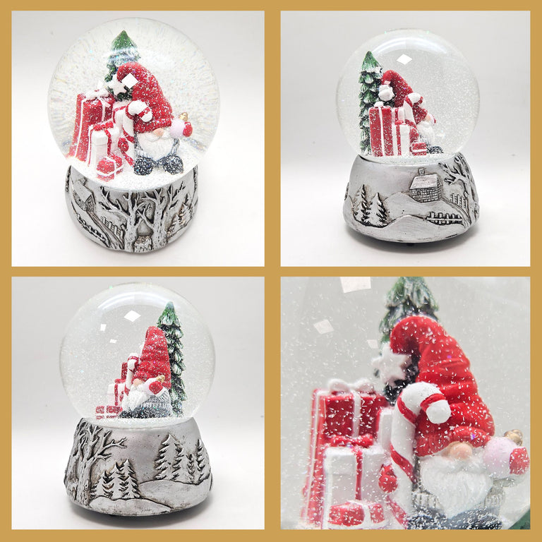 Nostalgische Schneekugel Weihnachtswichtel Silber Landschaft 100 mm Durchmesser mit Spieluhr