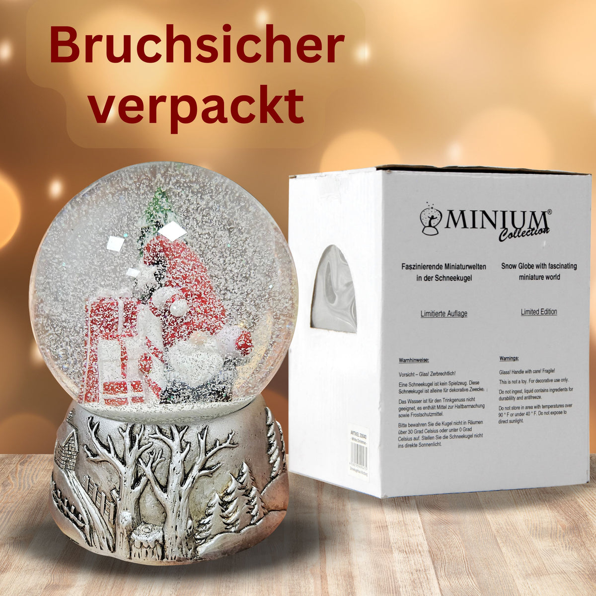 Nostalgische Schneekugel Weihnachtswichtel Silber Landschaft 100 mm Durchmesser mit Spieluhr