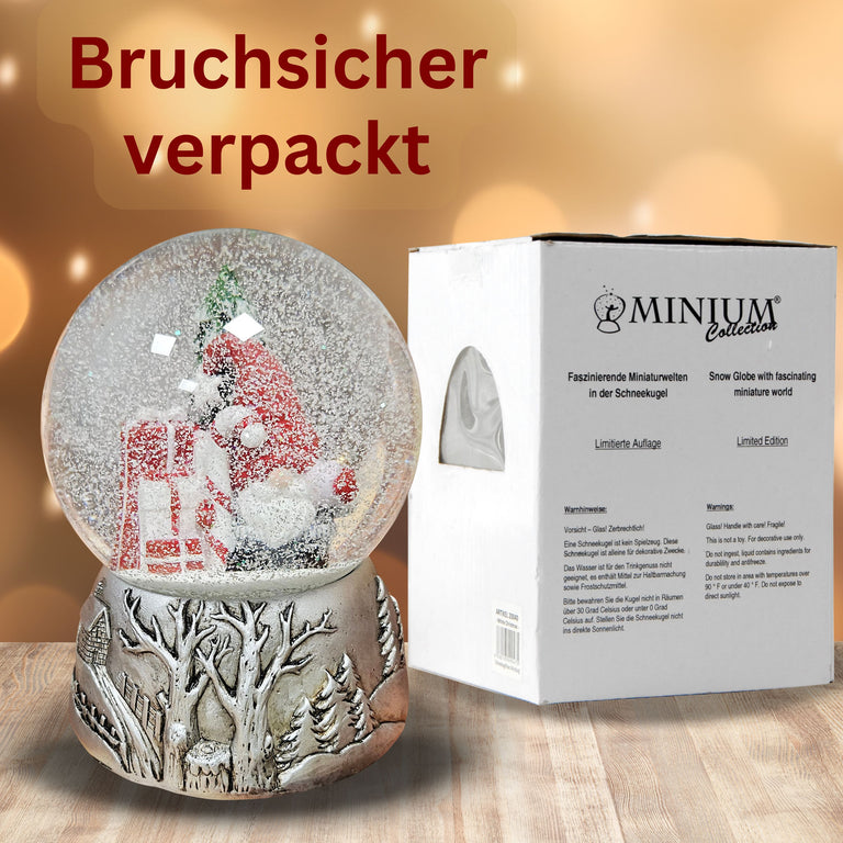 Nostalgische Schneekugel Weihnachtswichtel Silber Landschaft 100 mm Durchmesser mit Spieluhr