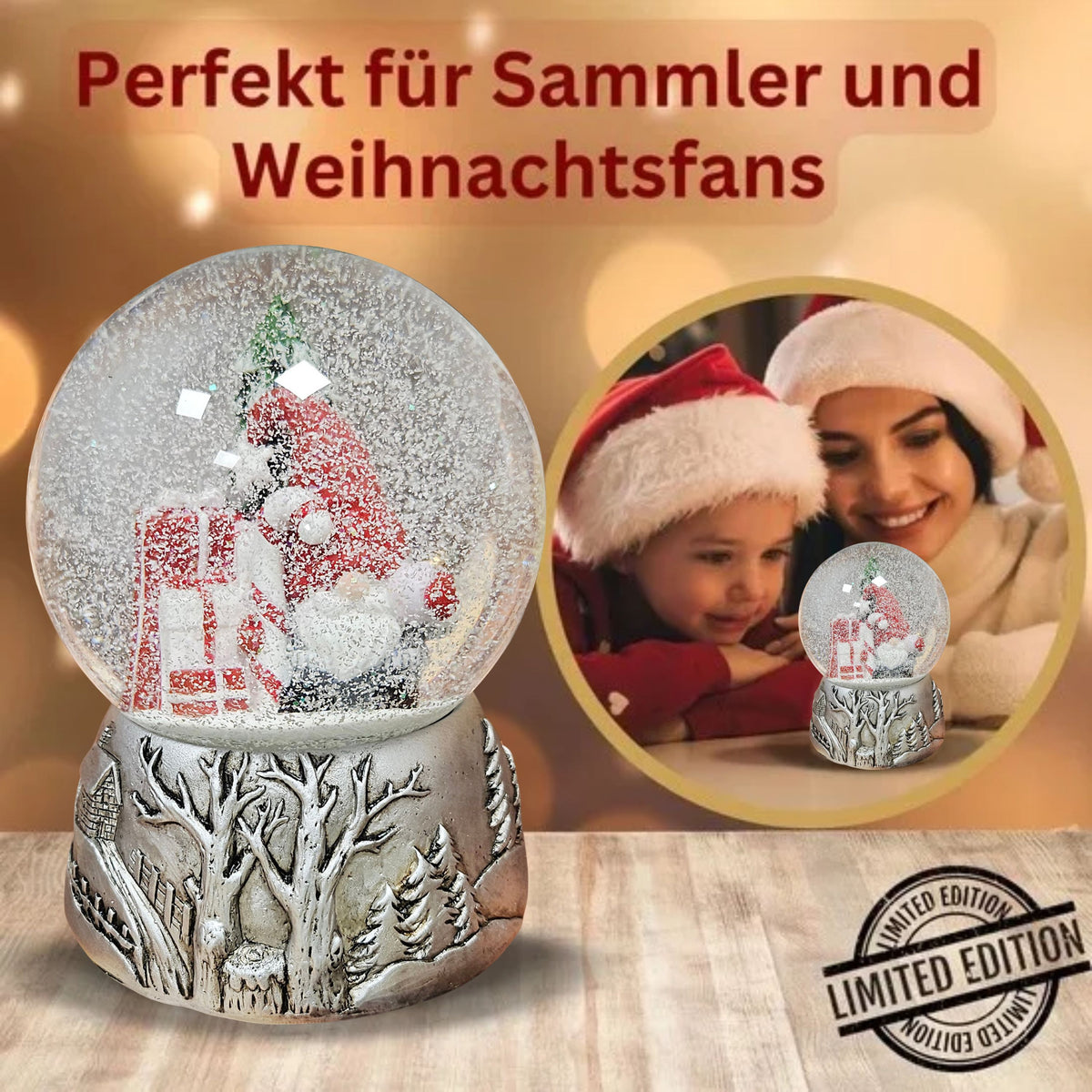 Nostalgische Schneekugel Weihnachtswichtel Silber Landschaft 100 mm Durchmesser mit Spieluhr