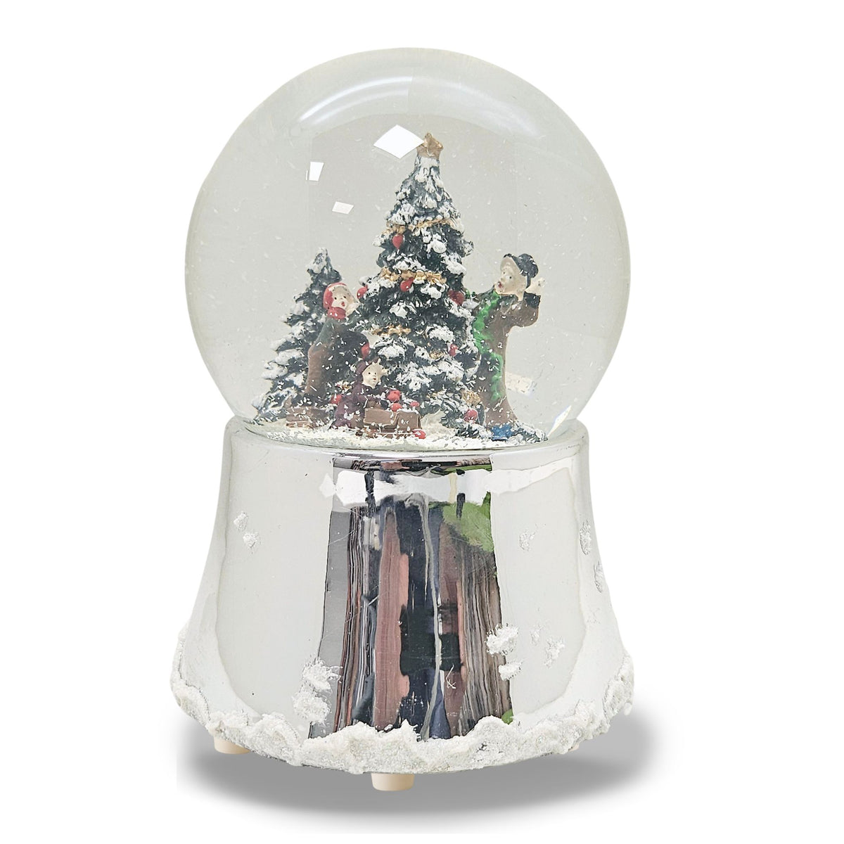 Nostalgische Schneekugel Christbaum schmücken auf silber glänzend mit Schneeflocken 100 mm Durchmesser mit Spieluhr