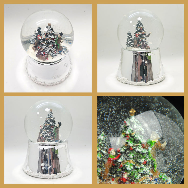 Nostalgische Schneekugel Christbaum schmücken auf silber glänzend mit Schneeflocken 100 mm Durchmesser mit Spieluhr