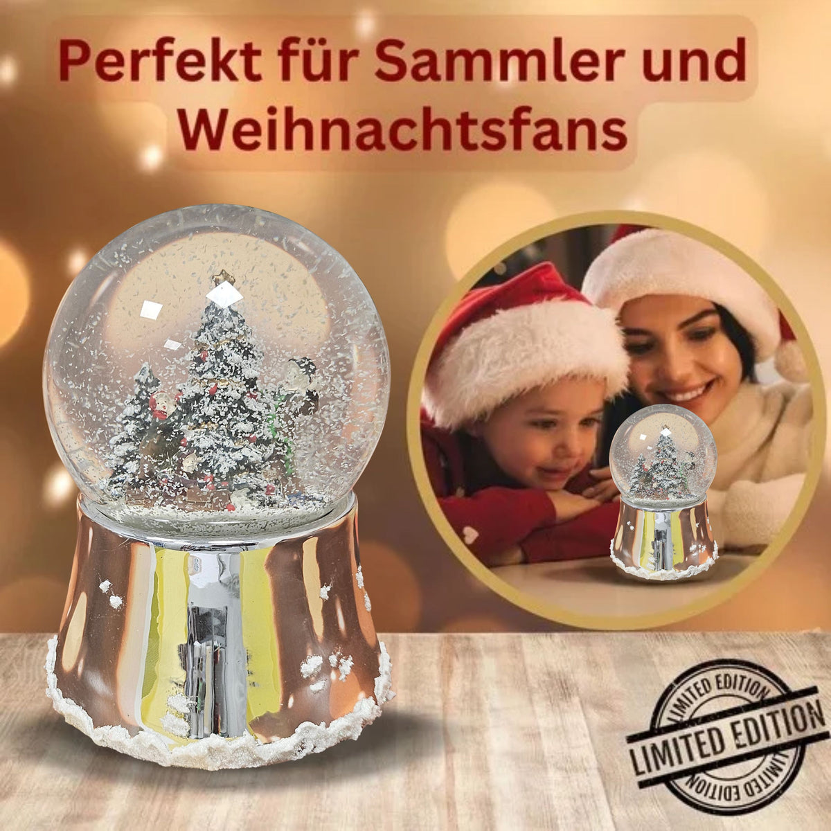 Nostalgische Schneekugel Christbaum schmücken auf silber glänzend mit Schneeflocken 100 mm Durchmesser mit Spieluhr