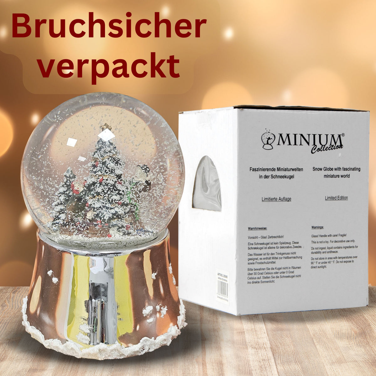 Nostalgische Schneekugel Christbaum schmücken auf silber glänzend mit Schneeflocken 100 mm Durchmesser mit Spieluhr