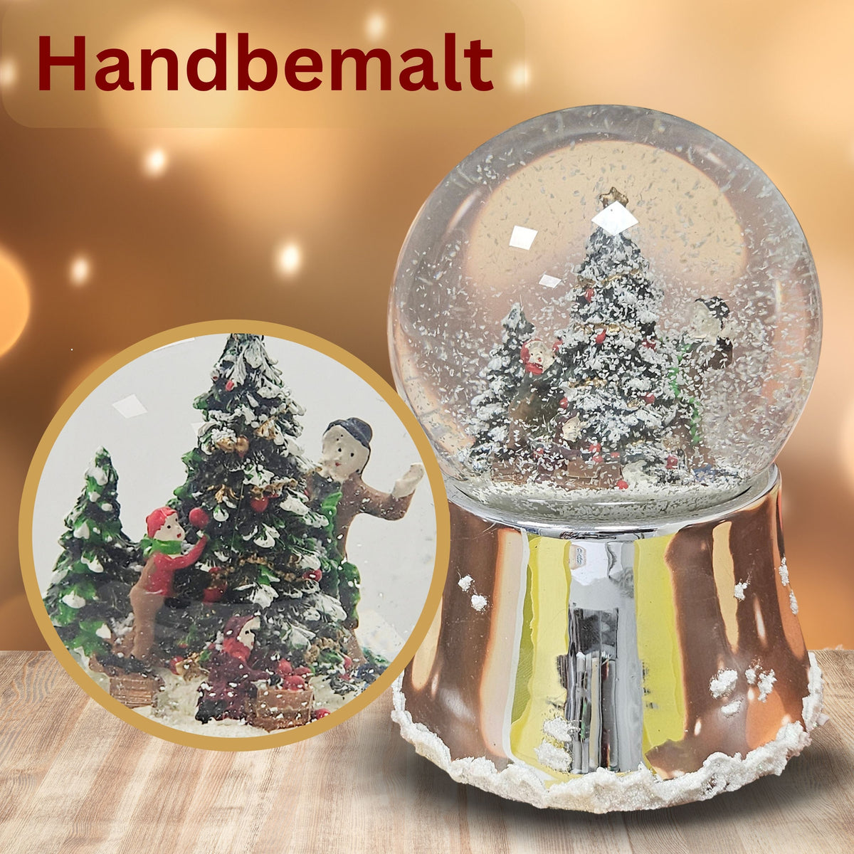 Nostalgische Schneekugel Christbaum schmücken auf silber glänzend mit Schneeflocken 100 mm Durchmesser mit Spieluhr