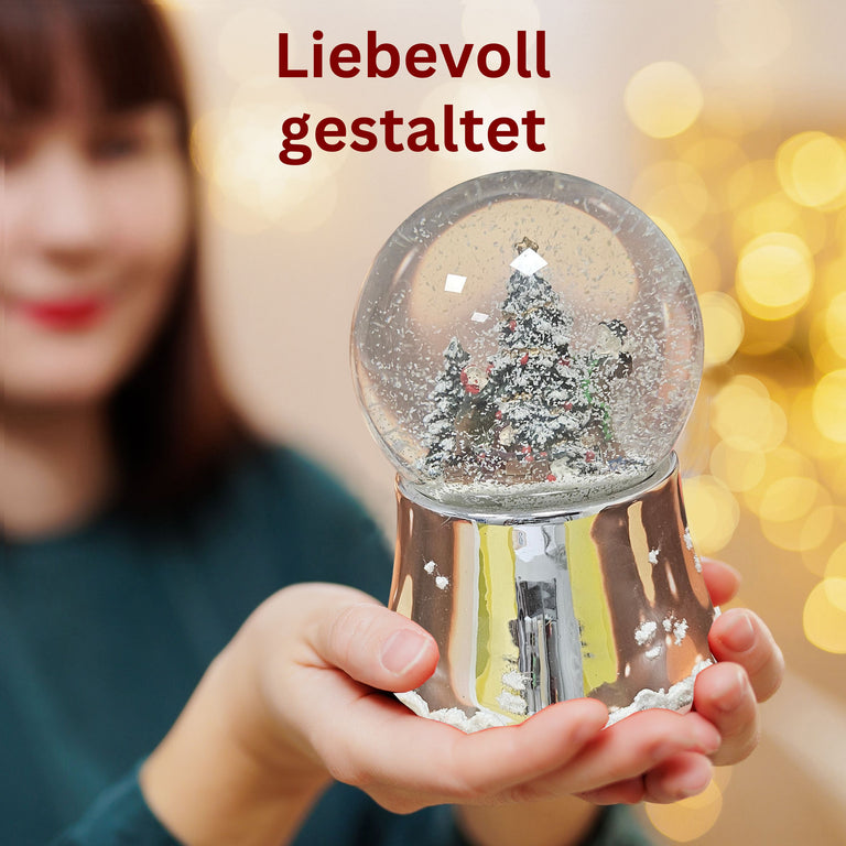 Nostalgische Schneekugel Christbaum schmücken auf silber glänzend mit Schneeflocken 100 mm Durchmesser mit Spieluhr