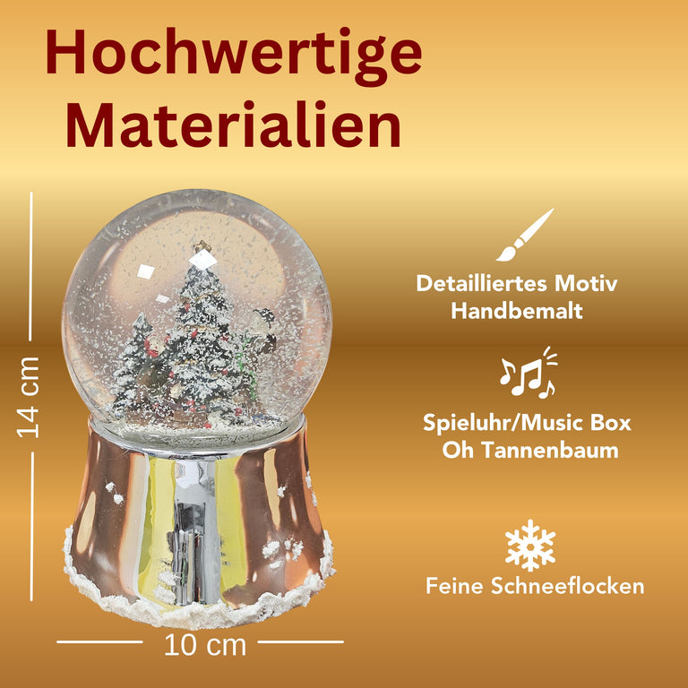 Nostalgische Schneekugel Christbaum schmücken auf silber glänzend mit Schneeflocken 100 mm Durchmesser mit Spieluhr