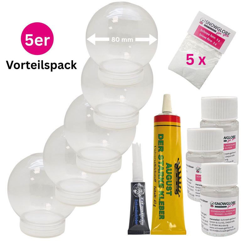DIY Schneekugel-Set „Party-Pack“ (5er Vorteilspack) 80 rund mit Schraubverschluss