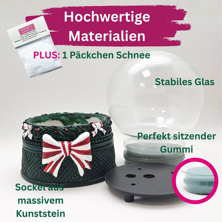 100mm Bastelset Sockel Weihnachtsdekor grün mit DIY-Schneekugel für Spieluhr - 1x Schnee