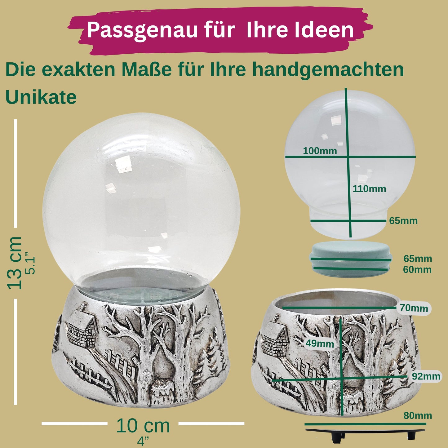 100mm Bastelset Sockel Silber antik Landschaft mit DIY-Schneekugel für Spieluhr - 1x Schnee