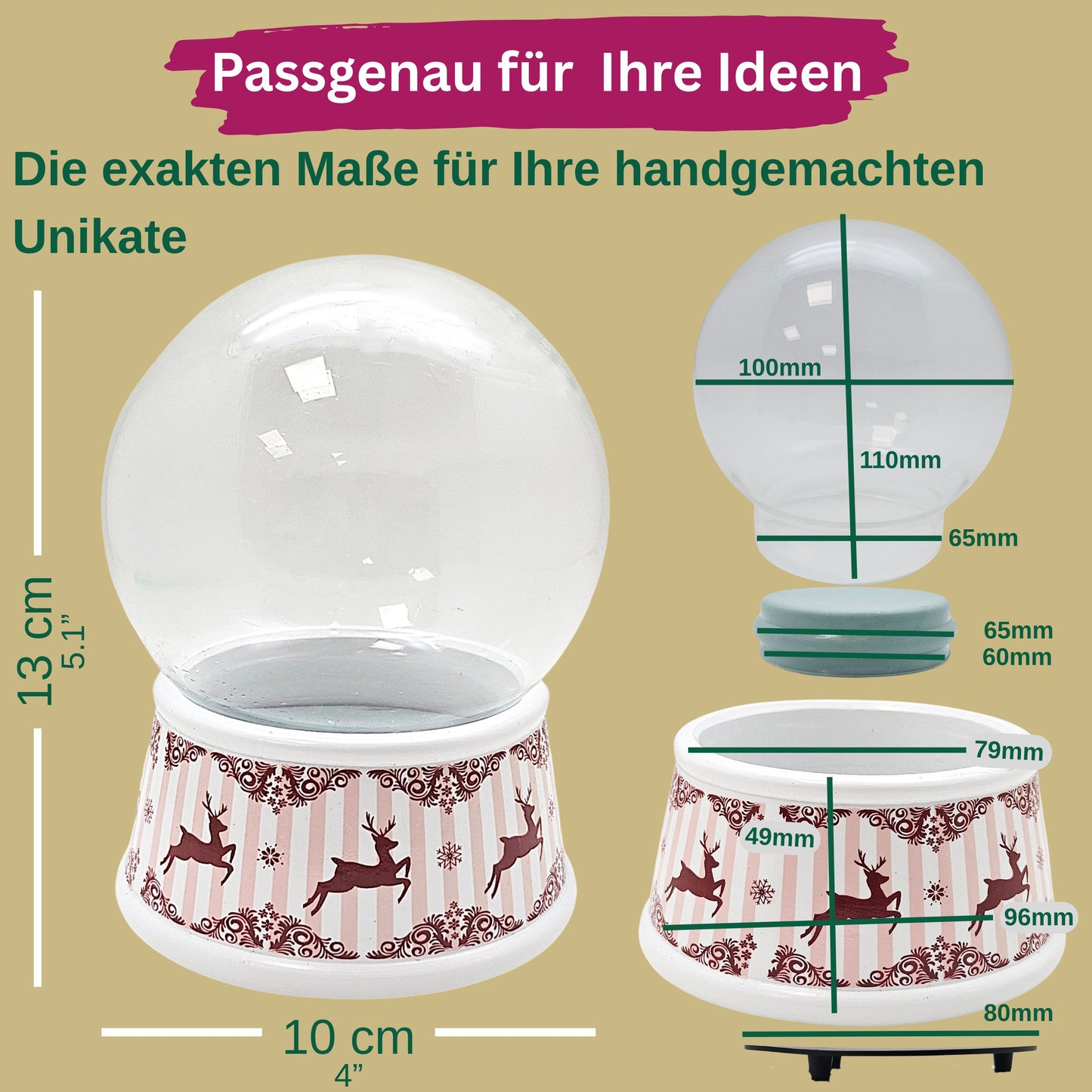 100mm Bastelset Sockel Hüttenzauber Rehe mit DIY-Schneekugel für Spieluhr - 1x Schnee