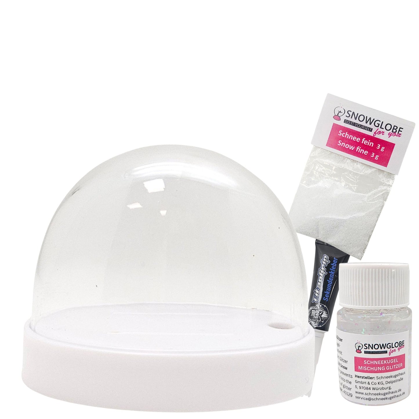 DIY-Komplett-Bastelset für Kunststoff-Schneekugel für FIMO oval 72 x 61 mm weiß mit Schnee, Glitzer, Wasserklar & Sekundenkleber