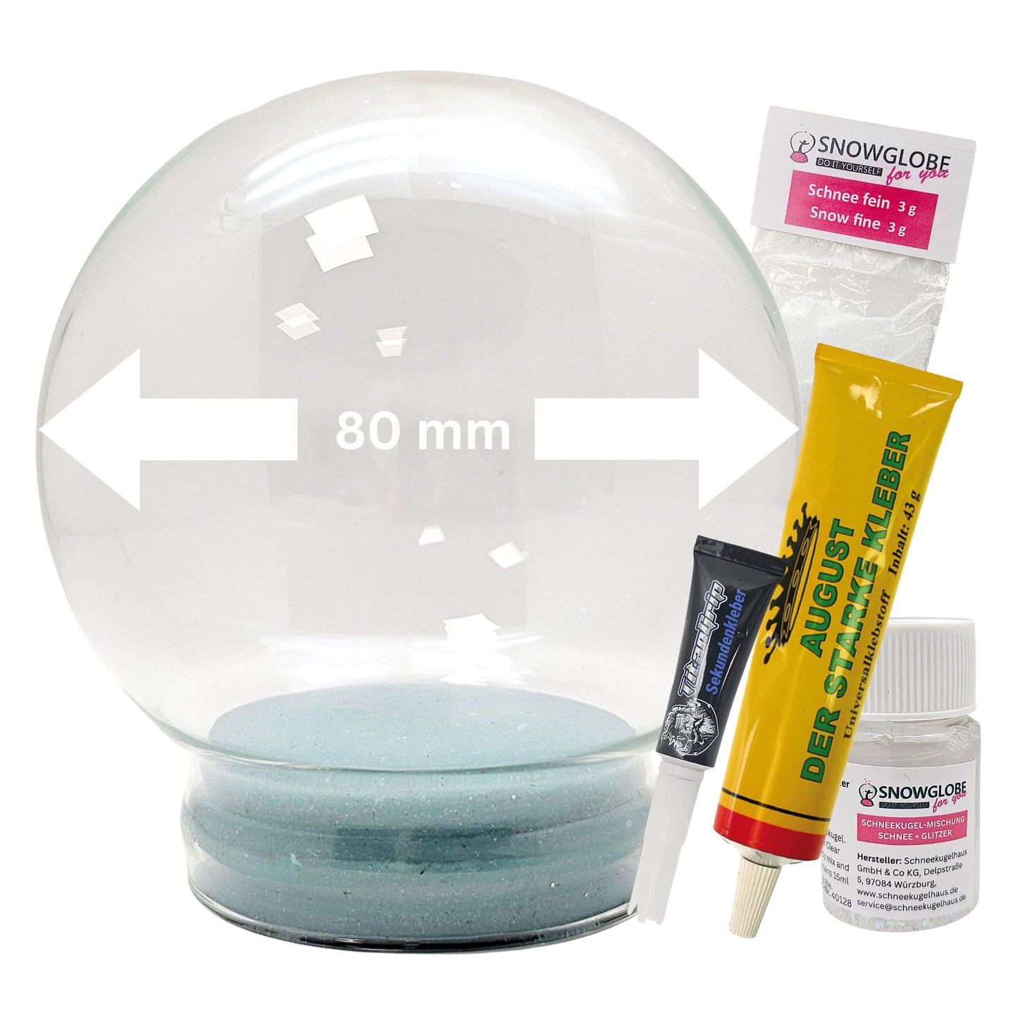 DIY-Reparatur-Komplettset für Glas-Schneekugel 80 x 90 mm mit Schnee, Kleber, Sekundenkleber und Fertigmischung Glitzer (Kopie) (Kopie)