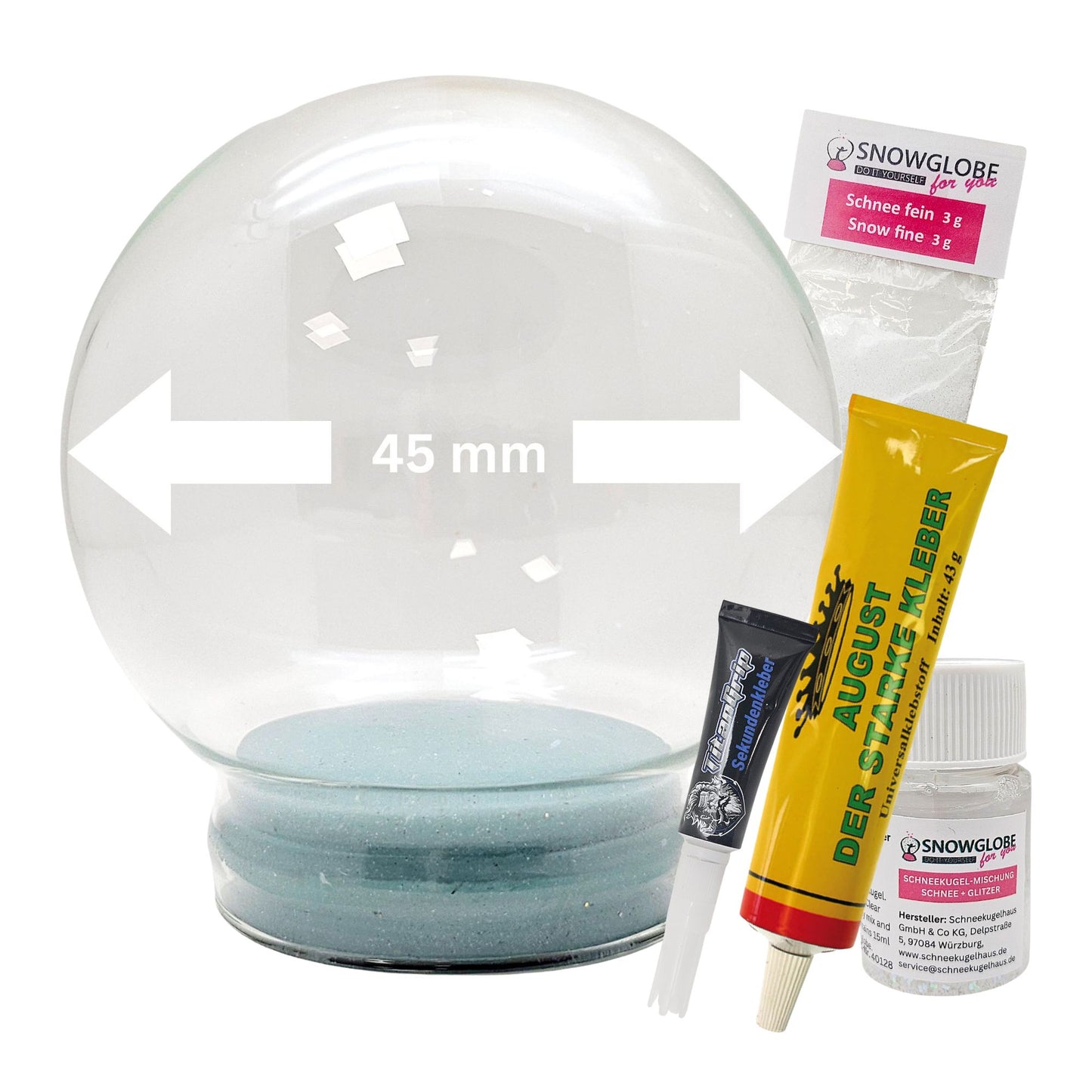DIY-Reparatur-Komplettset für Glas-Schneekugel 45 x 55 mm mit Schnee, Kleber, Sekundenkleber und Fertigmischung Glitzer (Kopie) (Kopie) (Kopie)