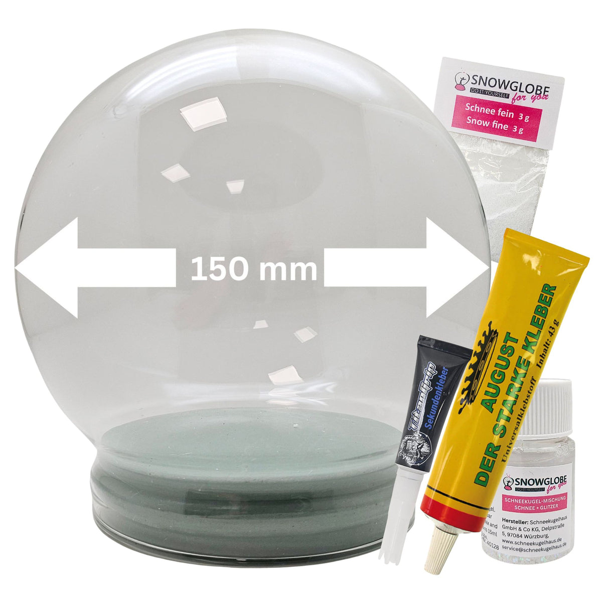DIY-Reparatur-Komplettset für Glas-Schneekugel 150 x 160 mm mit Schnee, Kleber, Sekundenkleber und Fertigmischung Glitzer (Kopie) (Kopie) (Kopie) (Kopie)