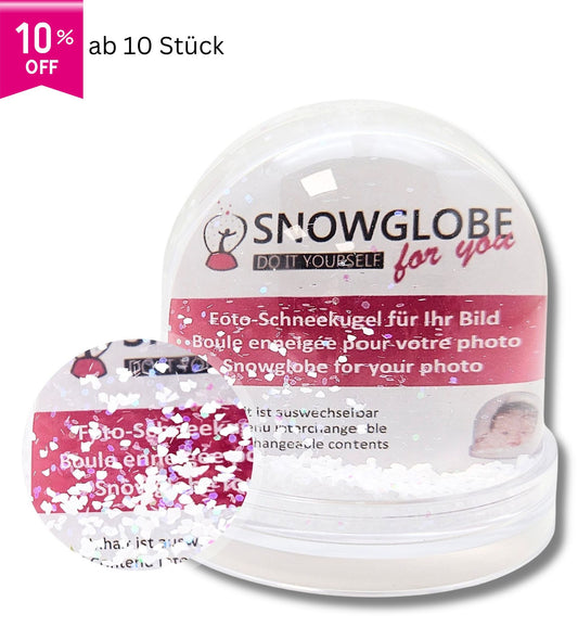 Foto-Schneekugel groß mit transparentem Sockel und Schnee und Glitzer
