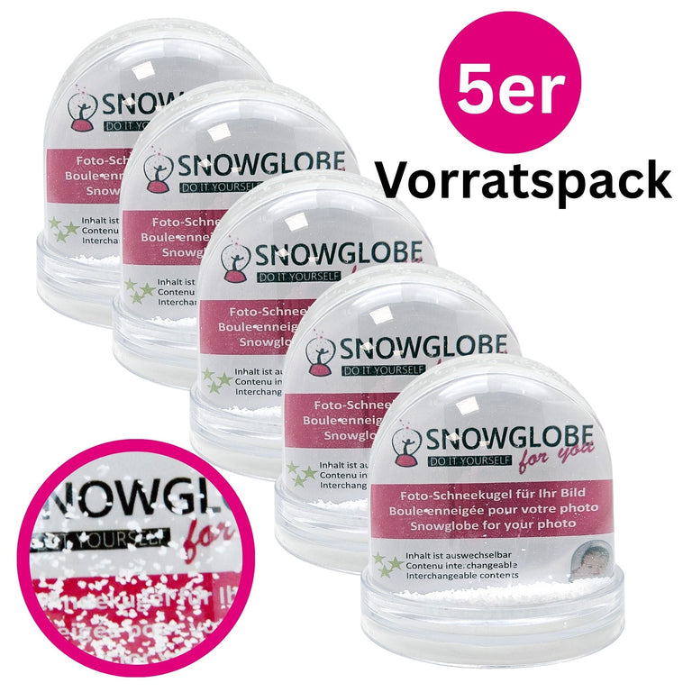 5er-Vorratspack: Foto-Schneekugel groß mit transparentem Sockel und Schnee - Schneekugelhaus