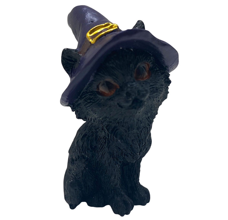 Hexen-Katzen Figur "aufmerksam mit lila Hut" - 50 x 65 mm