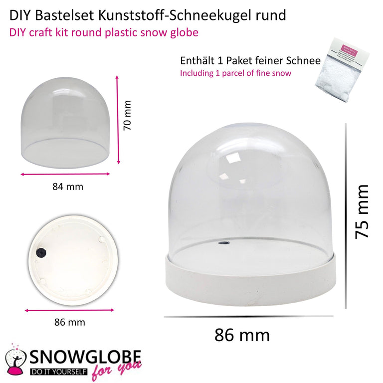 DIY - Komplett - Bastelset für Kunststoff - Schneekugel für FIMO 86x75 mm weiß mit Schnee, Glitzer, Wasserklar & Kleber - Schneekugelhaus