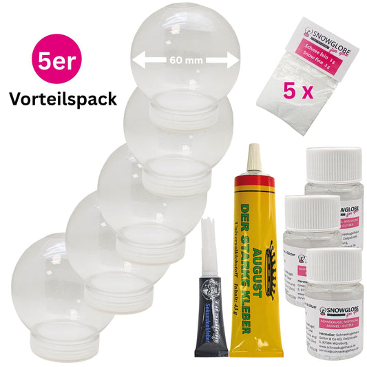 DIY Schneekugel-Set „Party-Pack“ (5er Vorteilspack) 60 rund mit Schraubverschluss - Schneekugelhaus