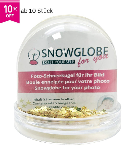 Foto - Schneekugel groß mit transparentem Sockel - goldene Sterne - Schneekugelhaus