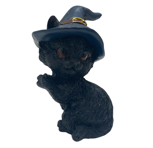 Hexen-Katzen Figur "bettelt mit blauen Hut" - 55 x 65 mm - Schneekugelhaus
