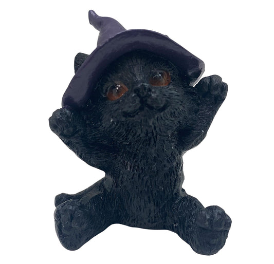 Hexen-Katzen Figur "glücklich mit lila Hut" - 55 x 65 mm - Schneekugelhaus