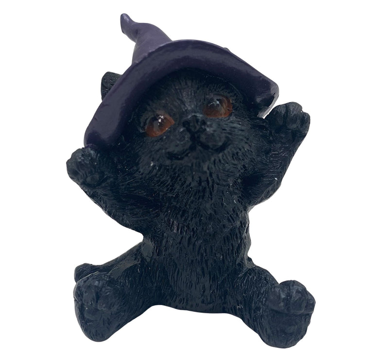 Hexen-Katzen Figur "glücklich mit lila Hut" - 55 x 65 mm - Schneekugelhaus