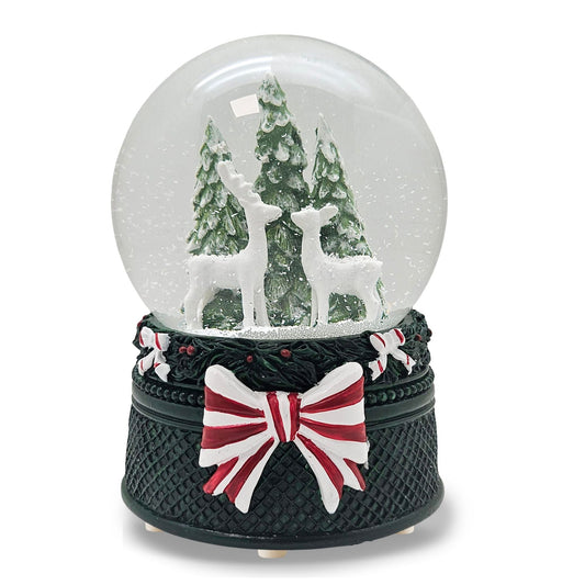 Nostalgische Schneekugel 2 Rehe Weihnachtsdekor grün 100 mm Durchmesser mit Spieluhr - Schneekugelhaus