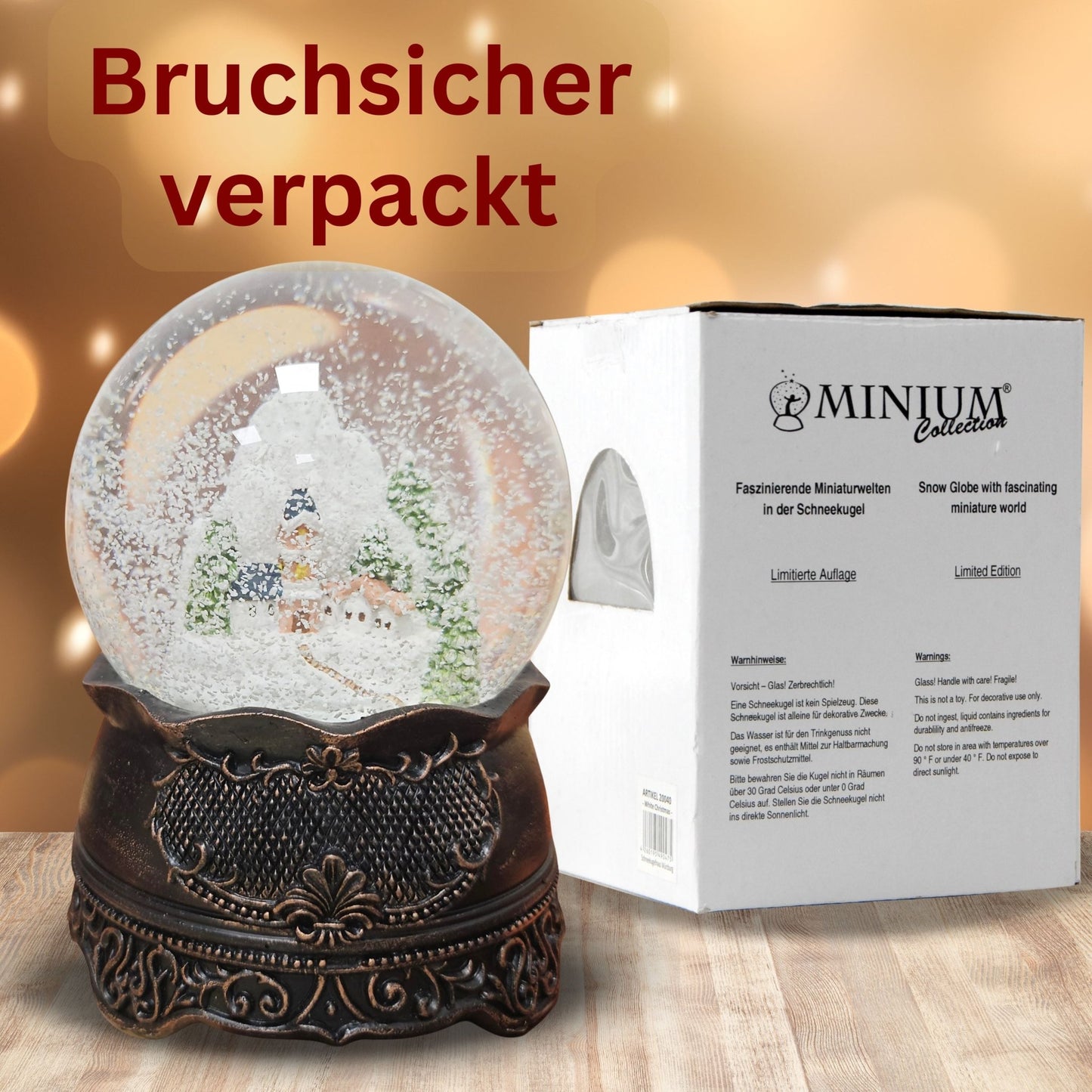 Nostalgische Schneekugel Bergdorf auf Ornamentsockel kupfer antik 100 mm Durchmesser mit Spieluhr - Schneekugelhaus