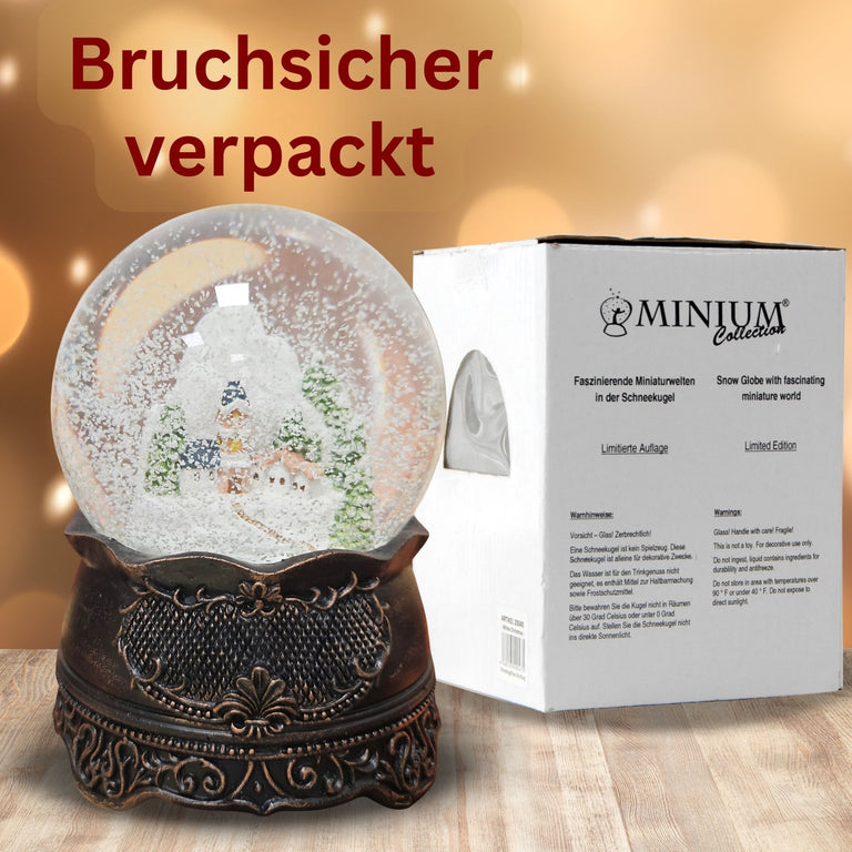 Nostalgische Schneekugel Bergdorf auf Ornamentsockel kupfer antik 100 mm Durchmesser mit Spieluhr - Schneekugelhaus