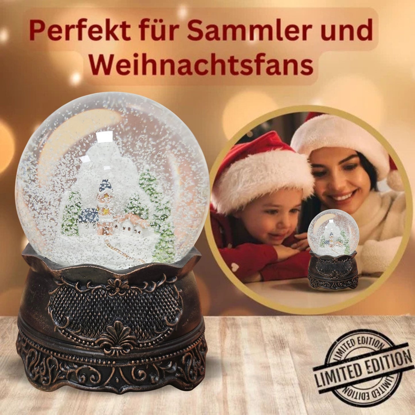 Nostalgische Schneekugel Bergdorf auf Ornamentsockel kupfer antik 100 mm Durchmesser mit Spieluhr - Schneekugelhaus