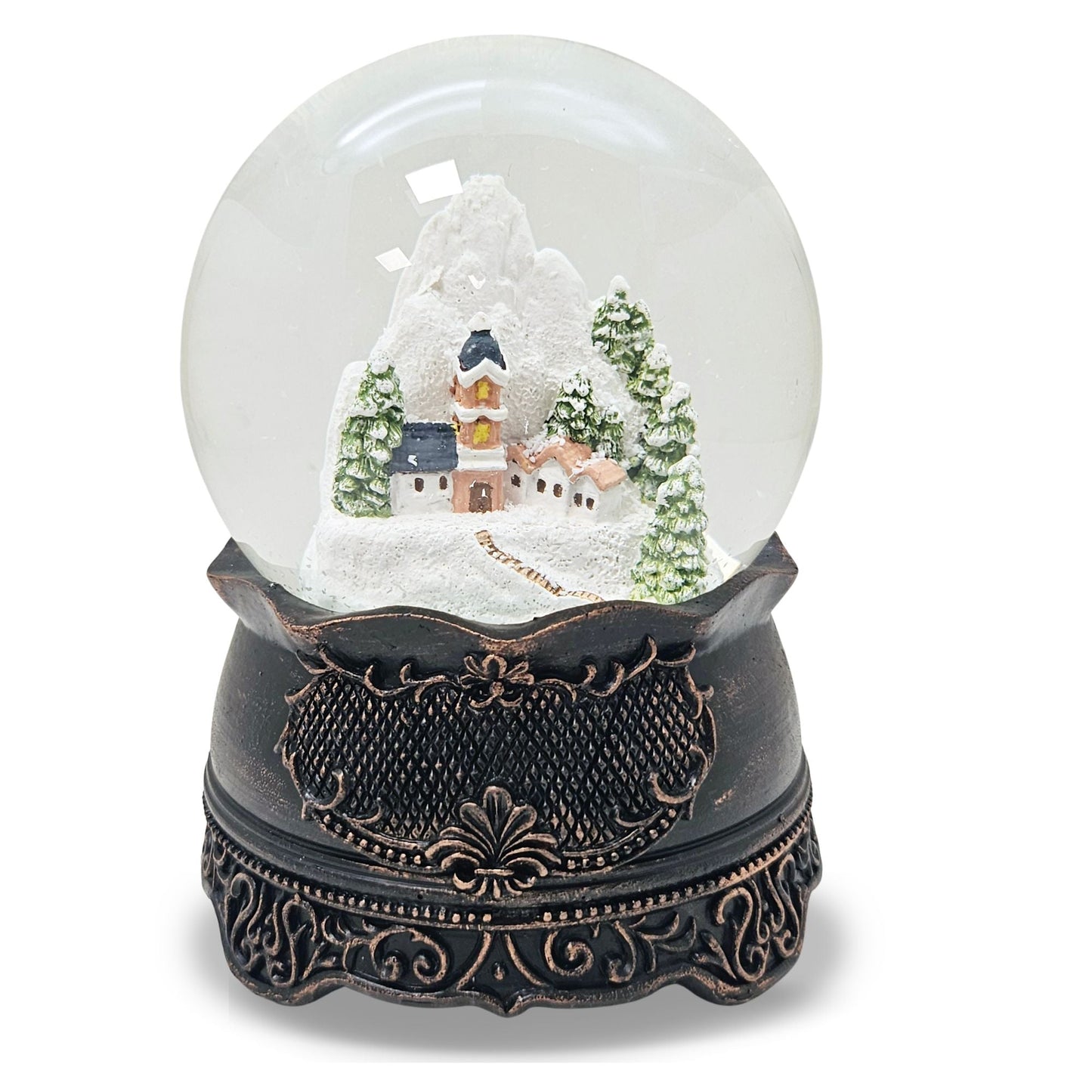 Nostalgische Schneekugel Bergdorf auf Ornamentsockel kupfer antik 100 mm Durchmesser mit Spieluhr - Schneekugelhaus