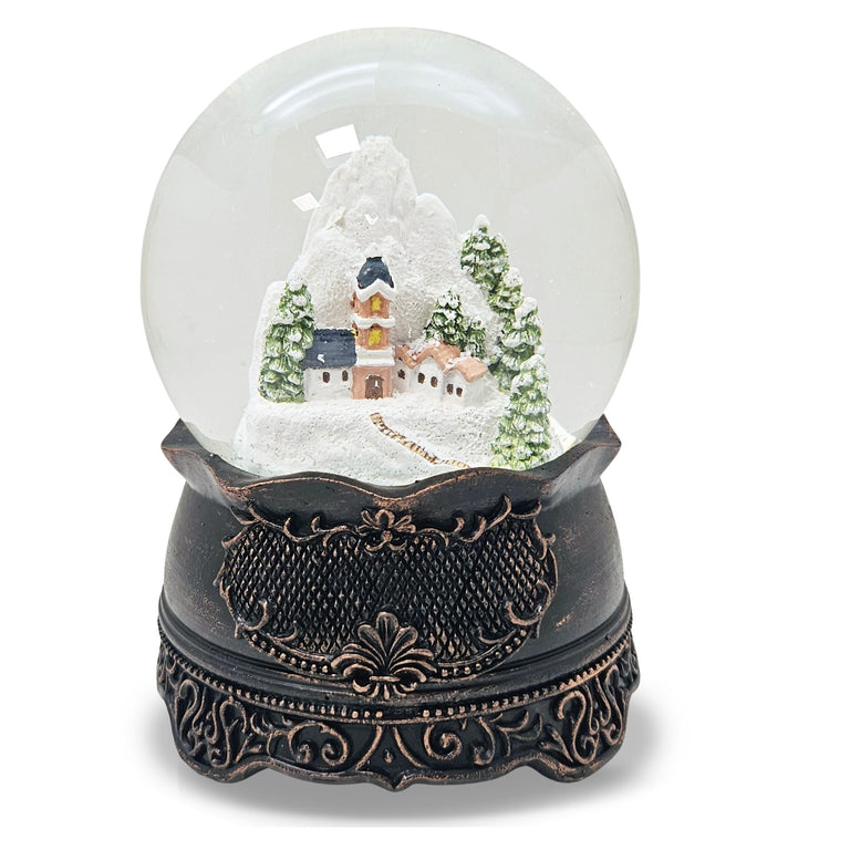 Nostalgische Schneekugel Bergdorf auf Ornamentsockel kupfer antik 100 mm Durchmesser mit Spieluhr - Schneekugelhaus