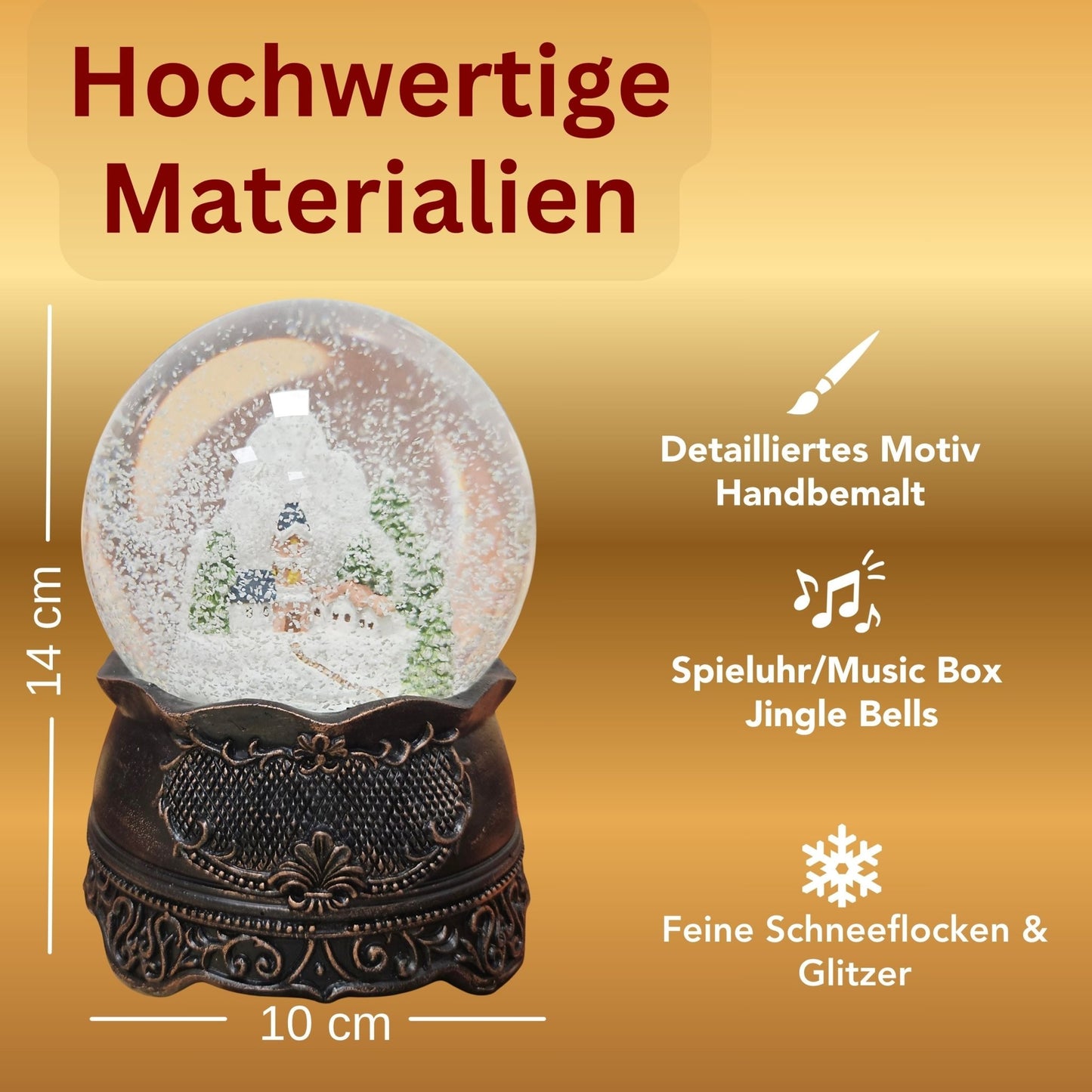 Nostalgische Schneekugel Bergdorf auf Ornamentsockel kupfer antik 100 mm Durchmesser mit Spieluhr - Schneekugelhaus