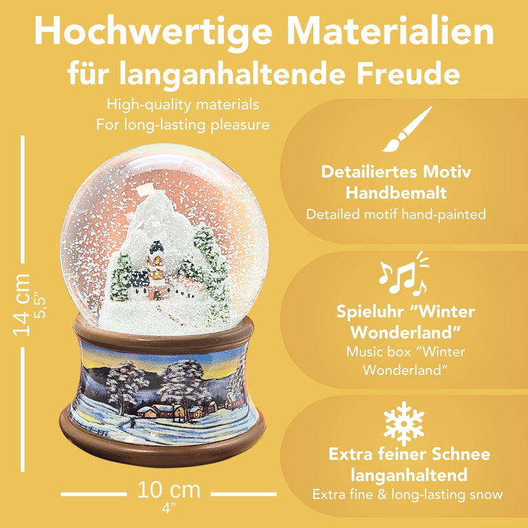 Nostalgische Schneekugel Bergdorf auf Sockel Winterlandschaft brauner Rand 100 mm Durchmesser mit Spieluhr - Schneekugelhaus