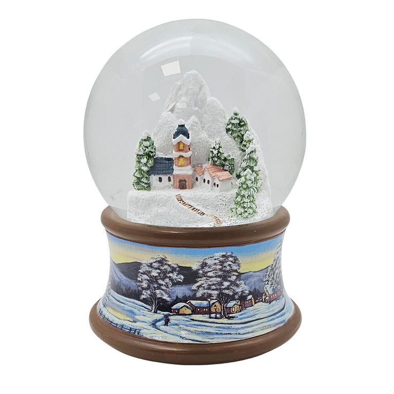 Nostalgische Schneekugel Bergdorf auf Sockel Winterlandschaft brauner Rand 100 mm Durchmesser mit Spieluhr - Schneekugelhaus