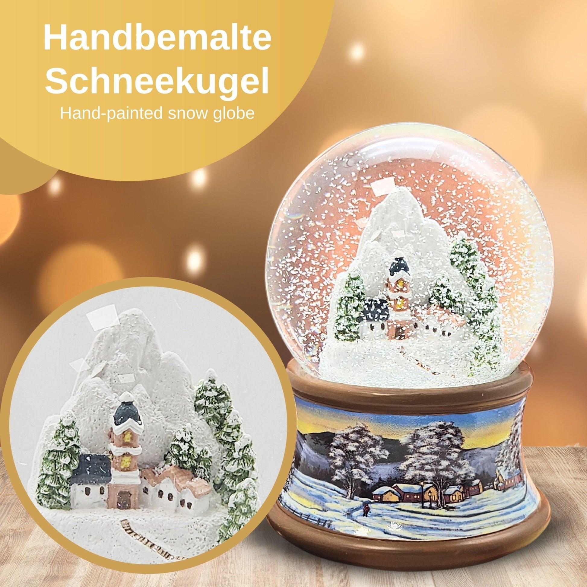 Nostalgische Schneekugel Bergdorf auf Sockel Winterlandschaft brauner Rand 100 mm Durchmesser mit Spieluhr - Schneekugelhaus