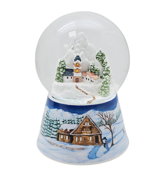 Nostalgische Schneekugel Bergdorf auf Sockel Winterlandschaft mittelblau 100 mm Durchmesser mit Spieluhr - Schneekugelhaus