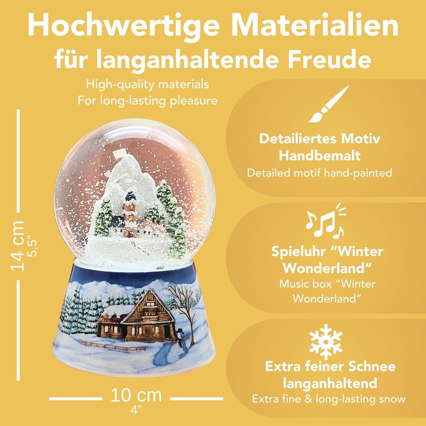 Nostalgische Schneekugel Bergdorf auf Sockel Winterlandschaft mittelblau 100 mm Durchmesser mit Spieluhr - Schneekugelhaus