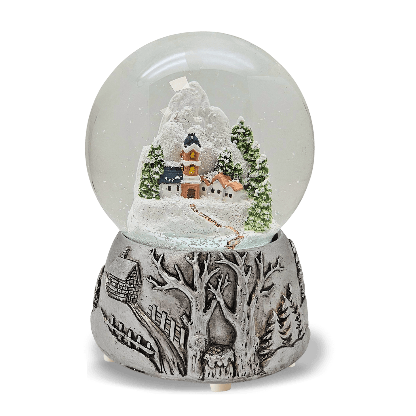 Nostalgische Schneekugel Bergdorf Silber Landschaft 100 mm Durchmesser mit Spieluhr - Schneekugelhaus