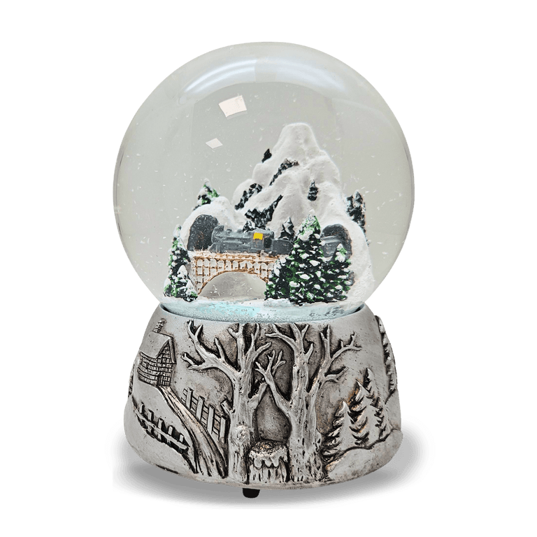 Nostalgische Schneekugel Berglandschaft Brücke Silber Landschaft 100 mm Durchmesser mit Spieluhr - Schneekugelhaus