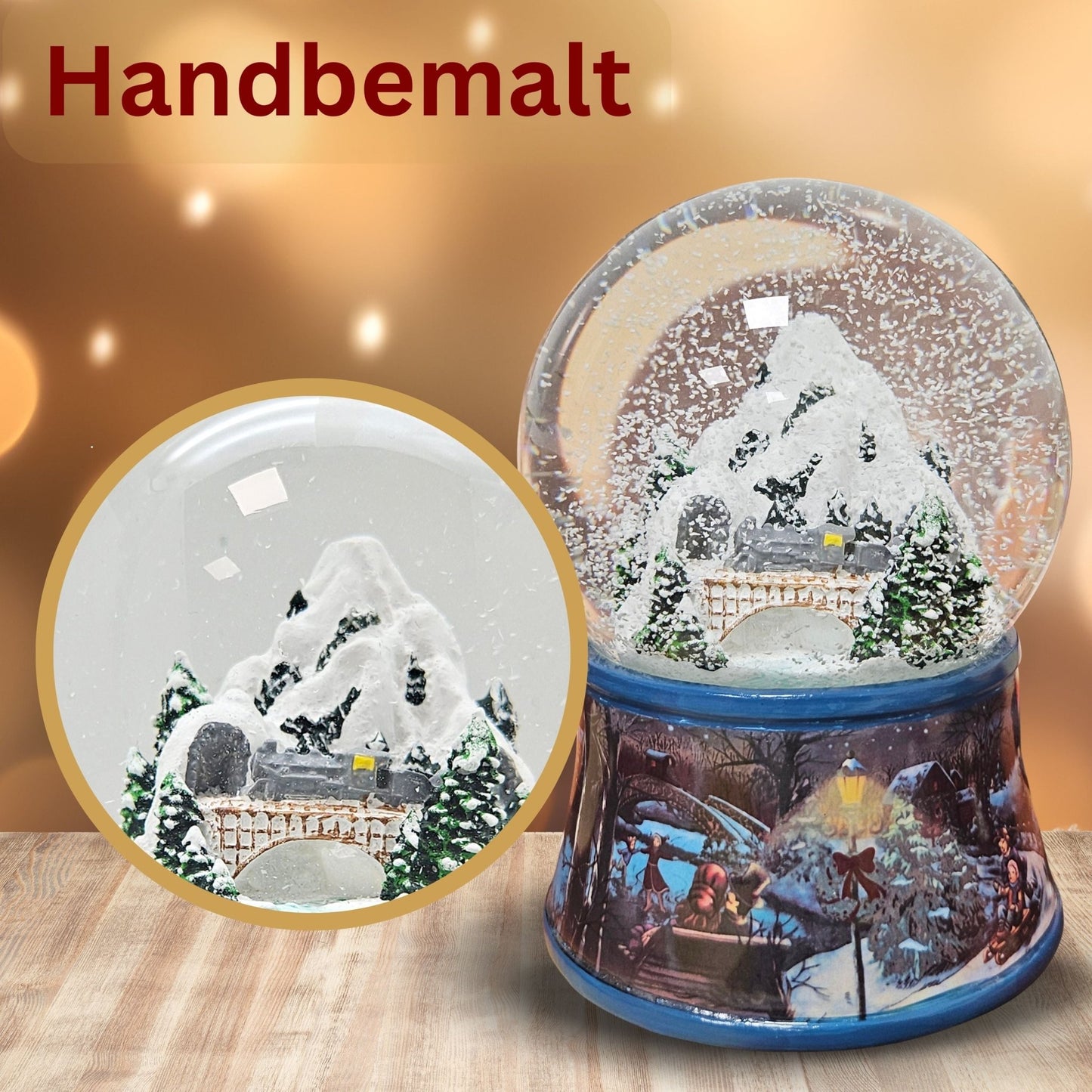 Nostalgische Schneekugel Berglandschaft Brücke Sockel Eisläufer 100 mm Durchmesser mit Spieluhr - Schneekugelhaus
