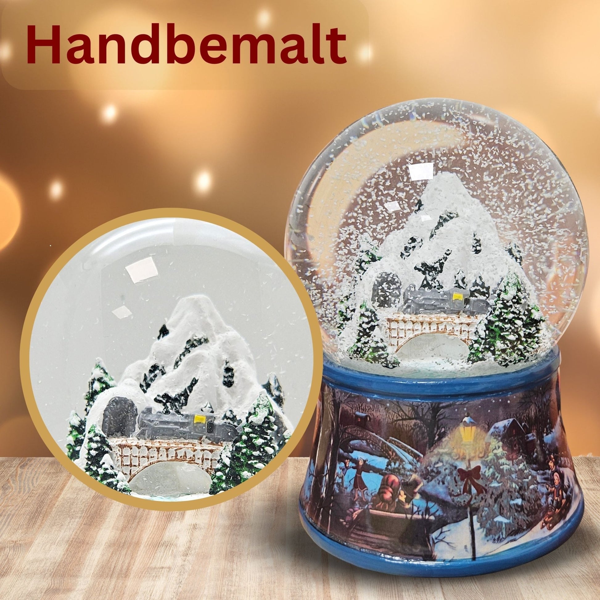 Nostalgische Schneekugel Berglandschaft Brücke Sockel Eisläufer 100 mm Durchmesser mit Spieluhr - Schneekugelhaus