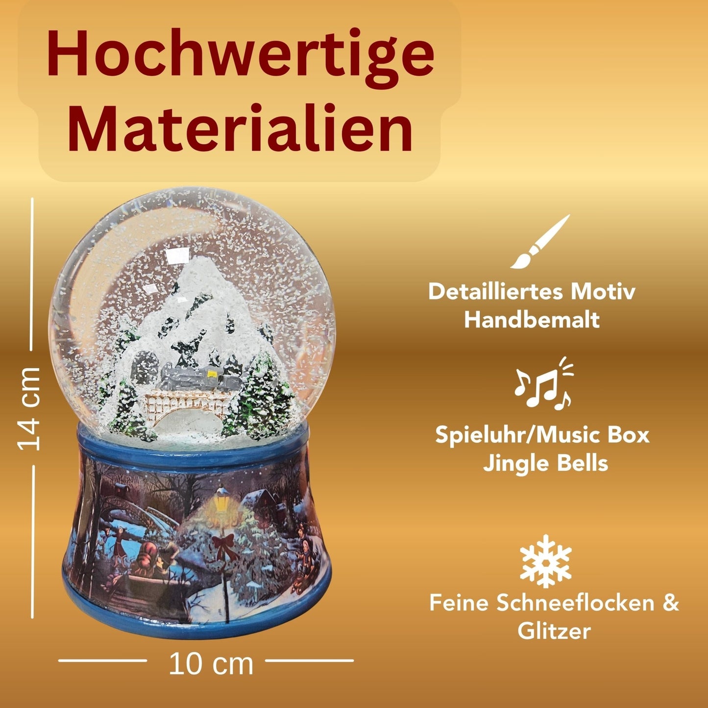 Nostalgische Schneekugel Berglandschaft Brücke Sockel Eisläufer 100 mm Durchmesser mit Spieluhr - Schneekugelhaus