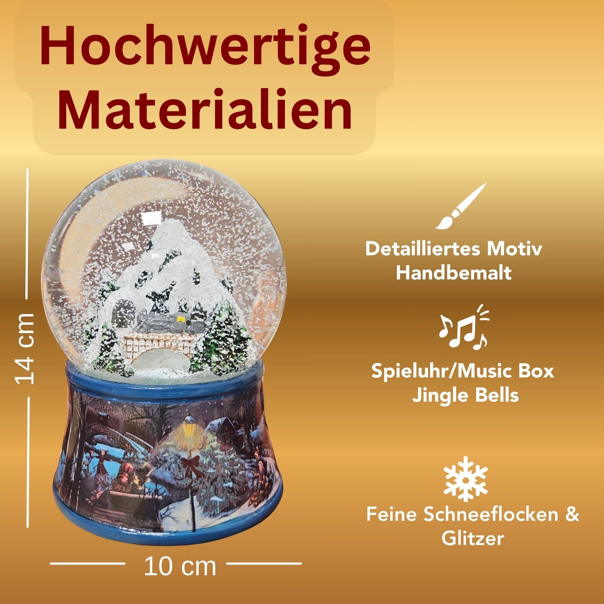 Nostalgische Schneekugel Berglandschaft Brücke Sockel Eisläufer 100 mm Durchmesser mit Spieluhr - Schneekugelhaus